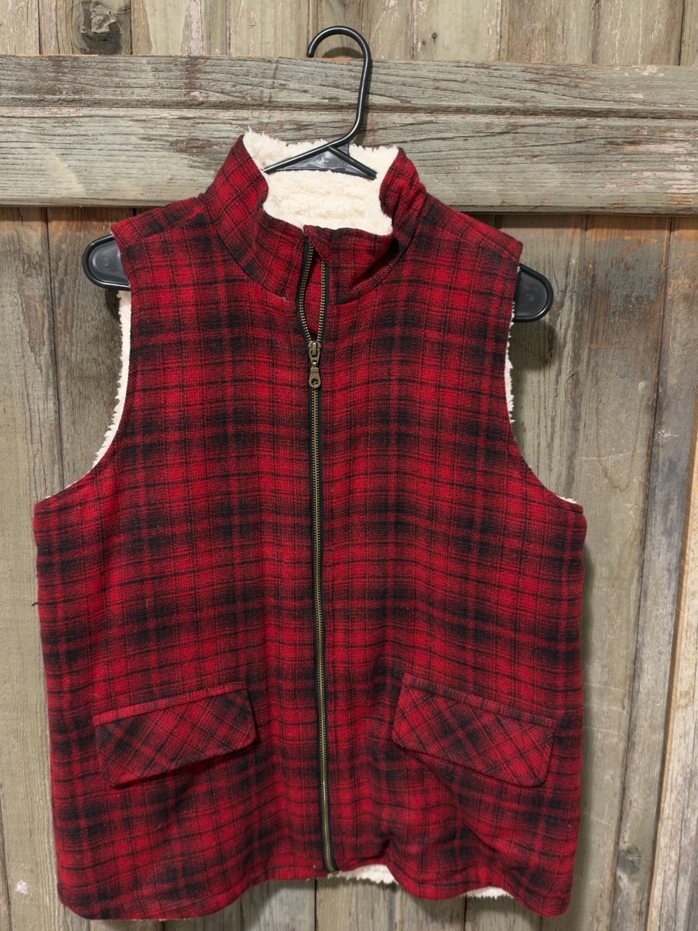 Maurices Red & Black Plaid Sherpa-Lined Vest